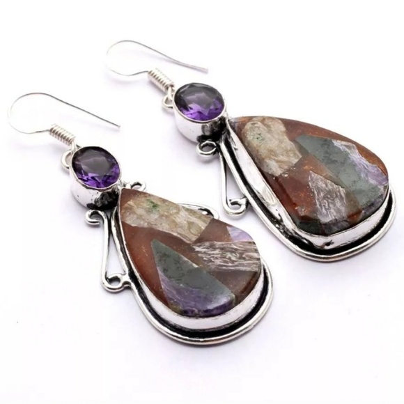 ***$15 Sale*** New Metrix Charoite and Amethyst Silver Earrings. - Picture 1 of 1